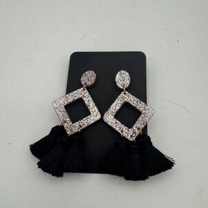 Square Glitter & Tassel Dangle Earrings 3 inches